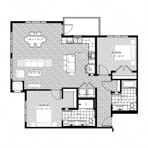 Floor plan for 2 beds, 2 baths, 1240 sqft
