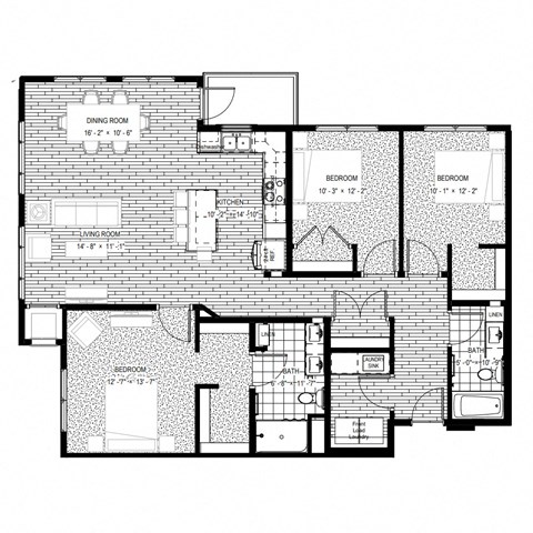 Floor plan for 3 beds, 2 baths, 1490 sqft