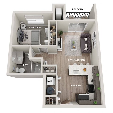 Floor plan for 1 bed, 1 bath, 636 sqft
