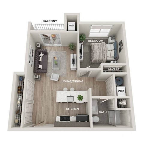 Floor plan for 1 bed, 1 bath, 744 sqft