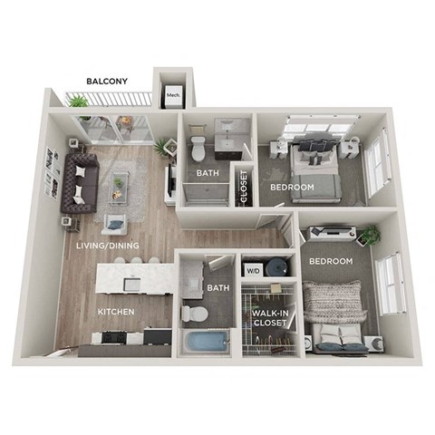 Floor plan for 2 beds, 2 baths, 951 sqft