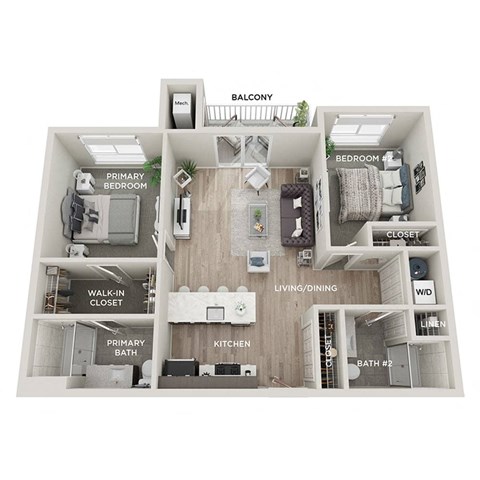 Floor plan for 2 beds, 2 baths, 1003 sqft