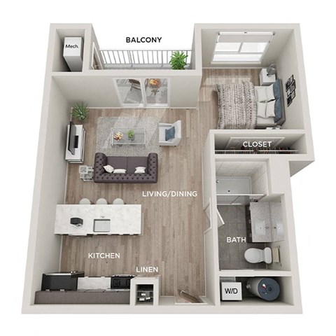 Floor plan for studio, 1 bath, 614 sqft