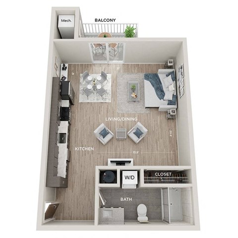 Floor plan for studio, 1 bath, 637 sqft