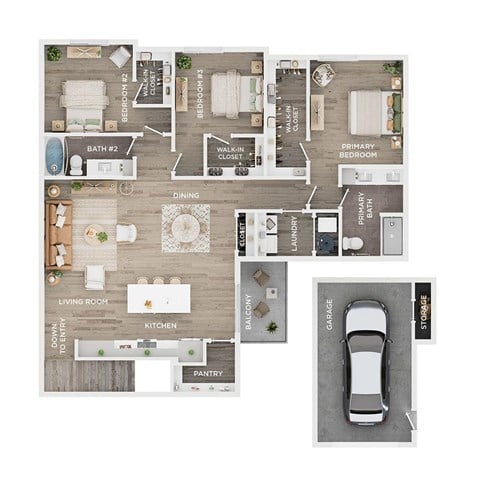 Floor plan for 3 beds, 2 baths, 1565 sqft