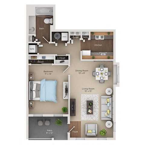 Floor plan for 1 bed, 1 bath, 700 sqft