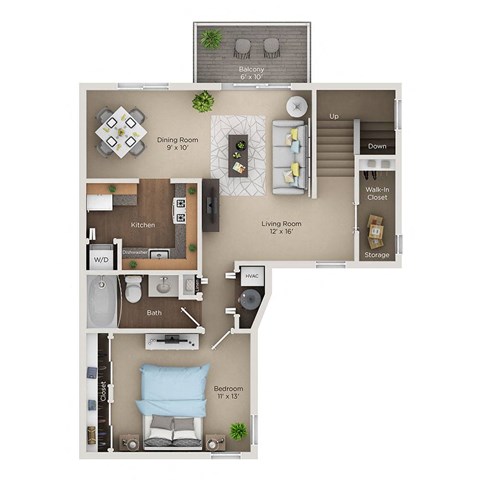 Floor plan for 1 bed, 1 bath, 830 sqft