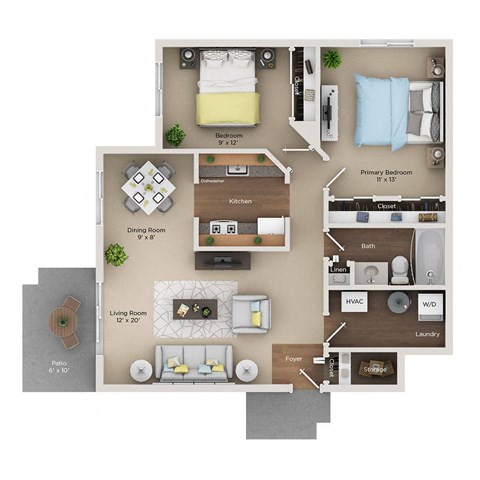 Floor plan for 2 beds, 1 bath, 900 sqft