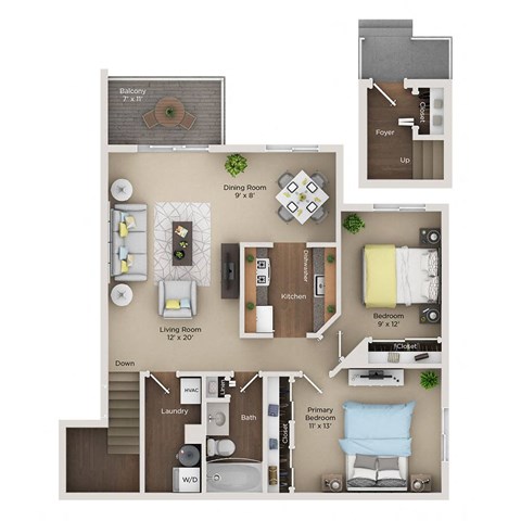 Floor plan for 2 beds, 1 bath, 950 sqft