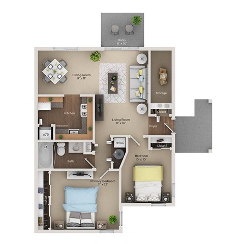 Floor plan for 2 beds, 1 bath, 850 sqft