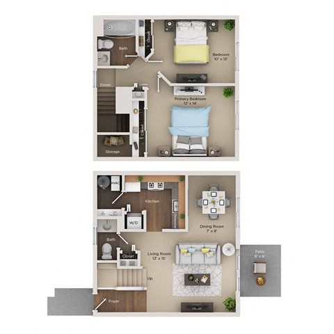 Floor plan for 2 beds, 1.5 baths, 1000 sqft