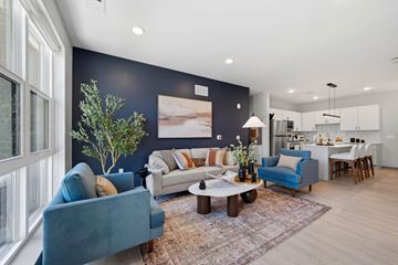 Plymouth apartment for rent - A living room with a blue couch and a rug.