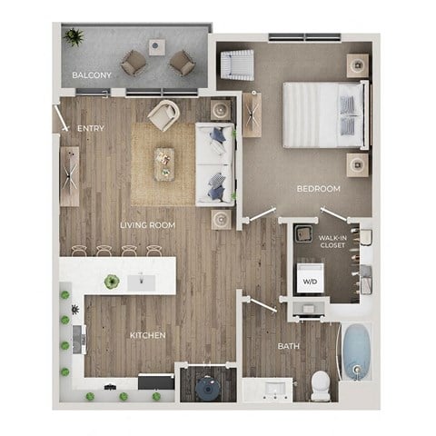Floor plan for 1 bed, 1 bath, 845 sqft