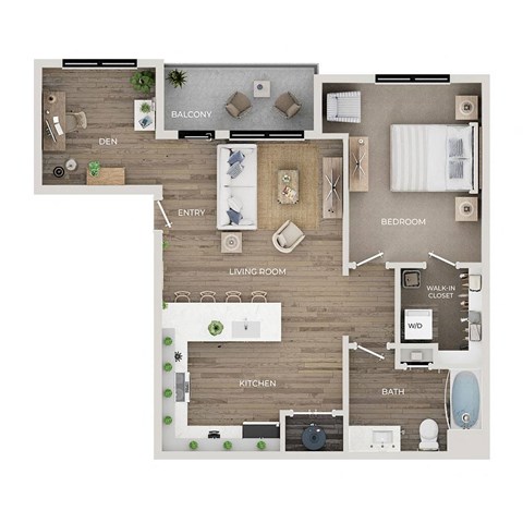 Floor plan for 1 bed, 1 bath, 949 sqft
