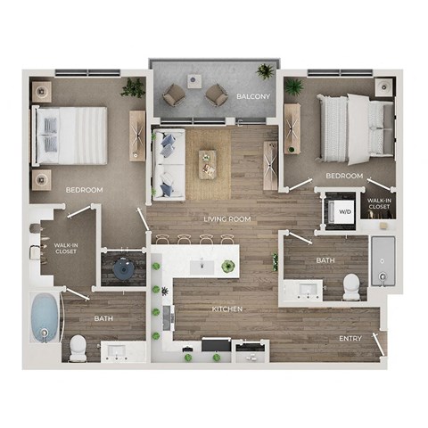 Floor plan for 2 beds, 2 baths, 1016 sqft
