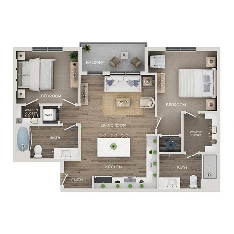 Floor plan for 2 beds, 2 baths, 1050 sqft
