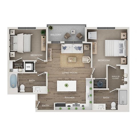 Floor plan for 2 beds, 2 baths, 1053 sqft
