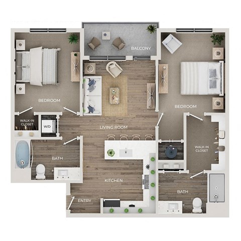 Floor plan for 2 beds, 2 baths, 1082 sqft
