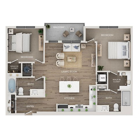 Floor plan for 2 beds, 2 baths, 1126 sqft