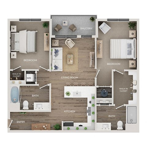 Floor plan for 2 beds, 2 baths, 1127 sqft
