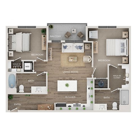 Floor plan for 2 beds, 2 baths, 1128 sqft