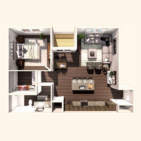 Floor plan for 1 bed, 1 bath, 843 sqft