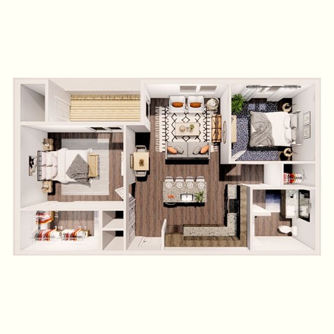 Floor plan for 2 beds, 1 bath, 905 sqft