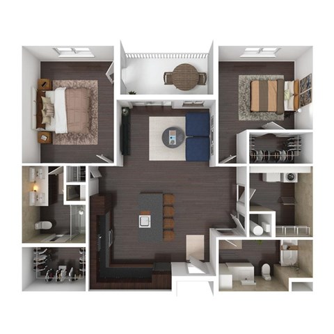 Floor plan for 2 beds, 2 baths, 1127 sqft