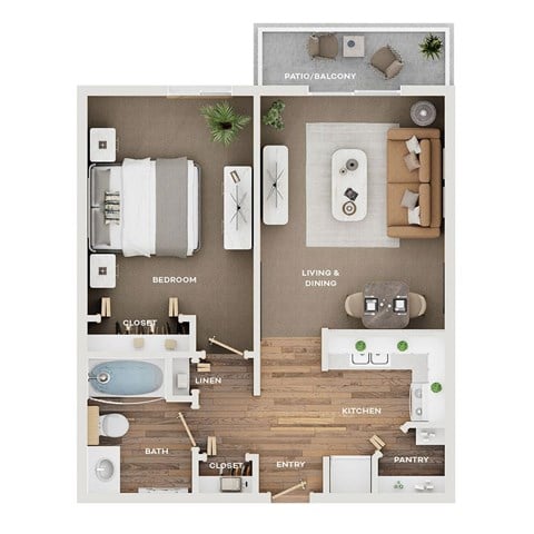 Floor plan for 1 bed, 1 bath, 625 sqft