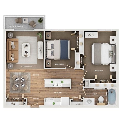 Floor plan for 2 beds, 1 bath, 851 sqft