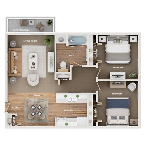 Floor plan for 2 beds, 1 bath, 851 sqft