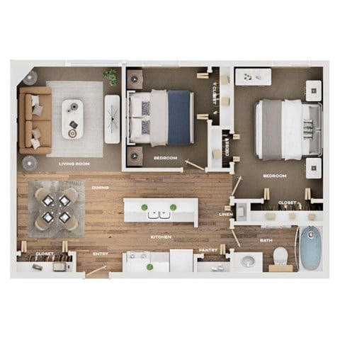 Floor plan for 2 beds, 1 bath, 851 sqft