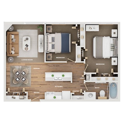 Floor plan for 2 beds, 1 bath, 856 sqft