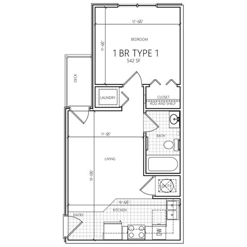 Floor plan for 1 bed, 1 bath, 507 sqft