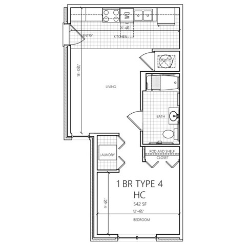 Floor plan for 1 bed, 1 bath, 510 sqft