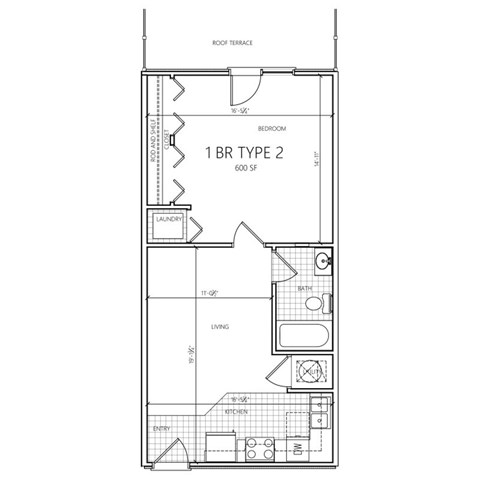 Floor plan for 1 bed, 1 bath, 566 sqft