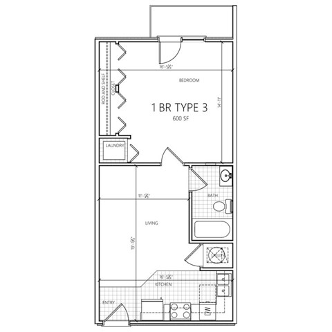 Floor plan for 1 bed, 1 bath, 566 sqft