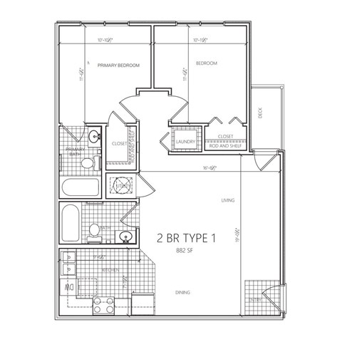 Floor plan for 2 beds, 2 baths, 840 sqft