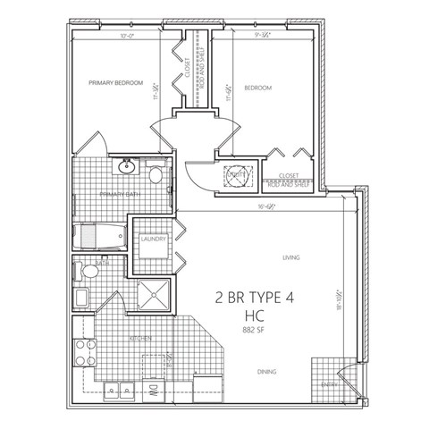 Floor plan for 2 beds, 2 baths, 835 sqft