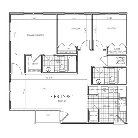 Floor plan for 3 beds, 2 baths, 985 sqft