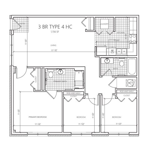 Floor plan for 3 beds, 2 baths, 1060 sqft