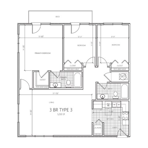 Floor plan for 3 beds, 2 baths, 1145 sqft