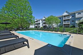 Kalamazoo apartment for rent - the preserve at ballantyne commons resort style swimming pool with benches and apartment buildings