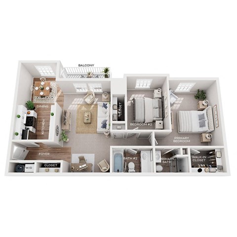 Floor plan for 2 beds, 2 baths, 991 sqft