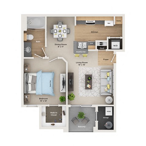 Floor plan for 1 bed, 1 bath, 657 sqft