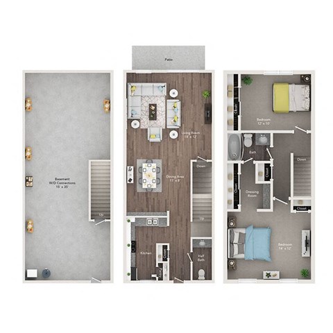Floor plan for 2 beds, 1.5 baths, 960 sqft