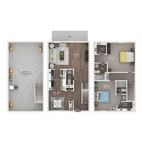 Floor plan for 2 beds, 2.5 baths, 1252 sqft