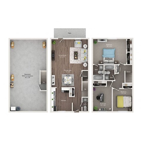 Floor plan for 3 beds, 2.5 baths, 1256 sqft