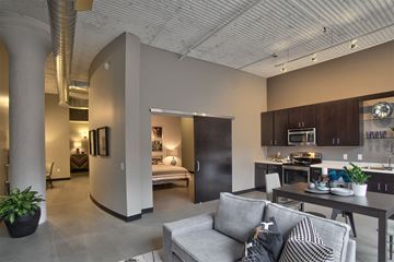 St. Paul apartment for rent - A modern living room with a grey couch and a kitchen area in the background.