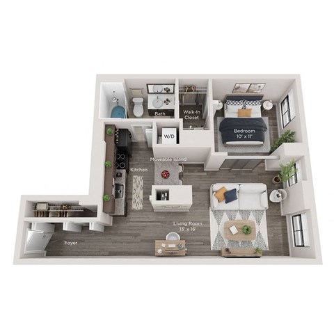 Floor plan for 1 bed, 1 bath, 677 sqft